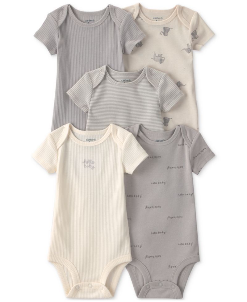 Baby Girls' and Baby Boys' Elephant Print Short-Sleeve Bodysuits, 5-Pack