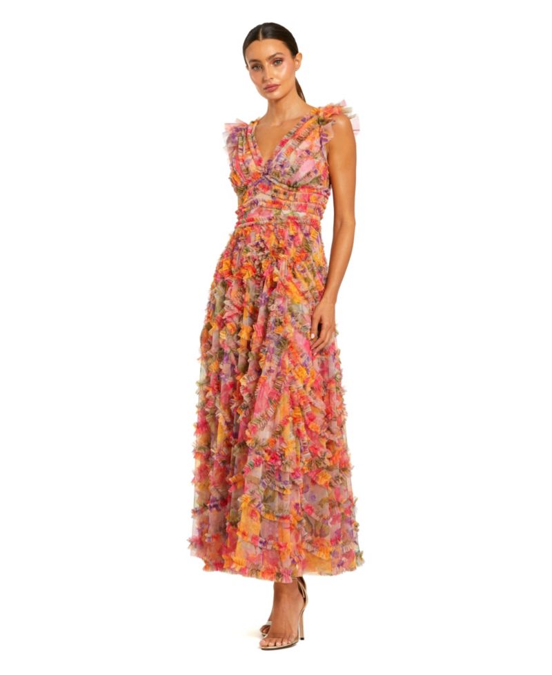 Women's Floral Mesh Ruffle V Neck Ankle Dress