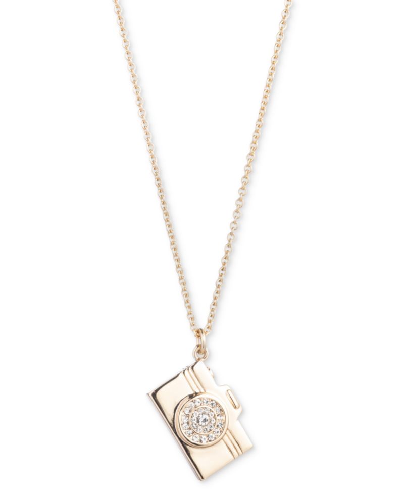Gold-plated Pav&eacute; Camera Pendant Necklace, 16" + 3" extender