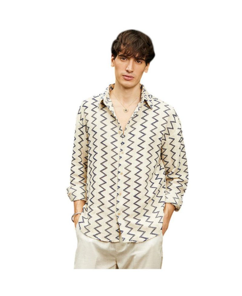 Men's Cream White Zig-Zag Knit Shirt