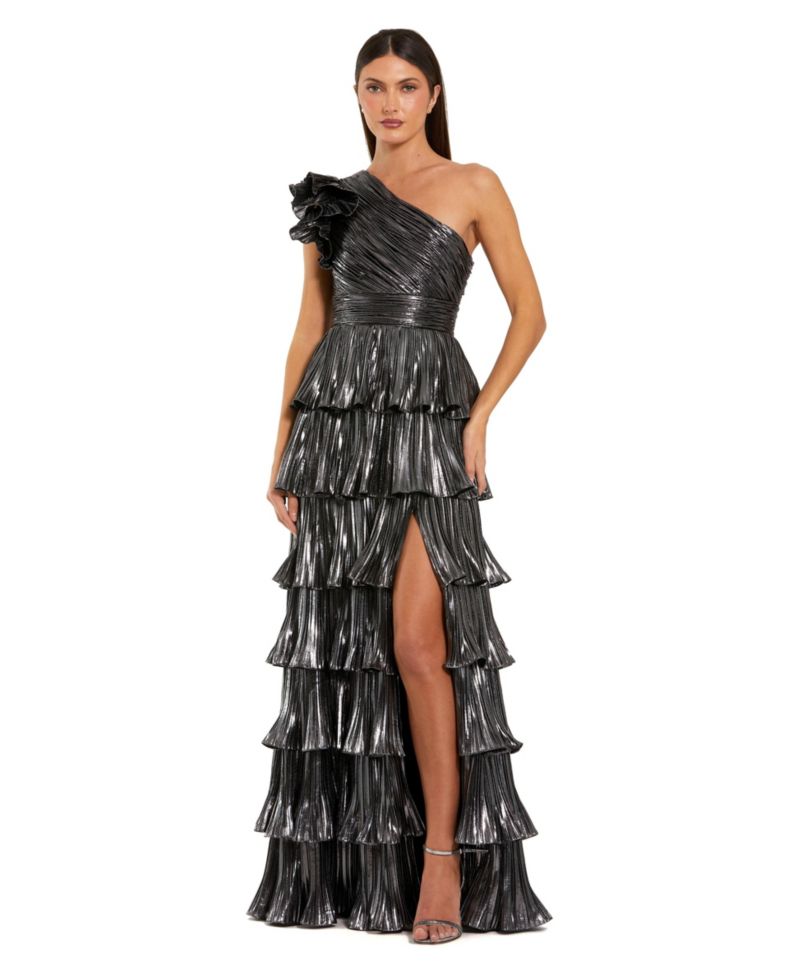 Women's Pleated Metallic Tiered Ruffle One Shoulder Gown