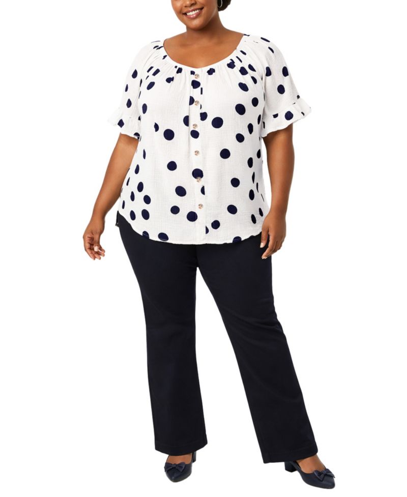 Plus Size Polka Dot Crinkle Knit Button-Front Ruffle Sleeve Top