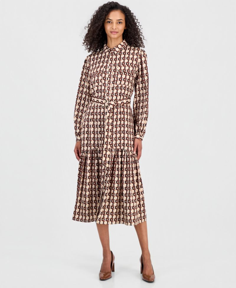 Women's Long-Sleeve Button-Down Peplum Midi Dress