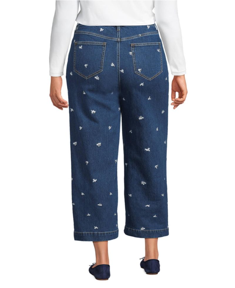 Women's Soft Denim High Rise Embroidered Wide Leg Crop Jeans