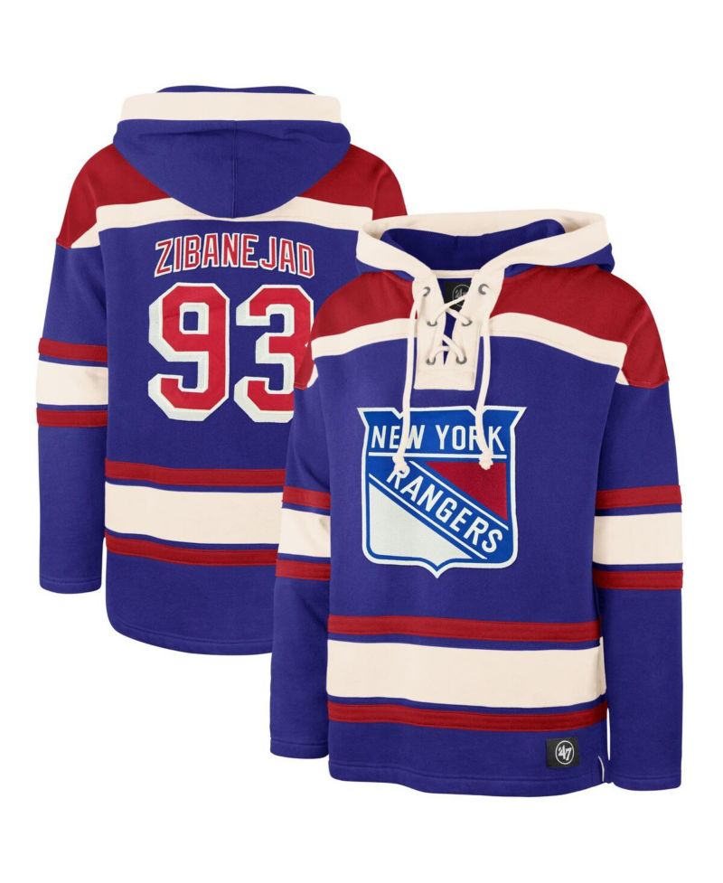 Men's Mika Zibanejad Blue New York Rangers Player Name and Number Lacer Pullover Hoodie