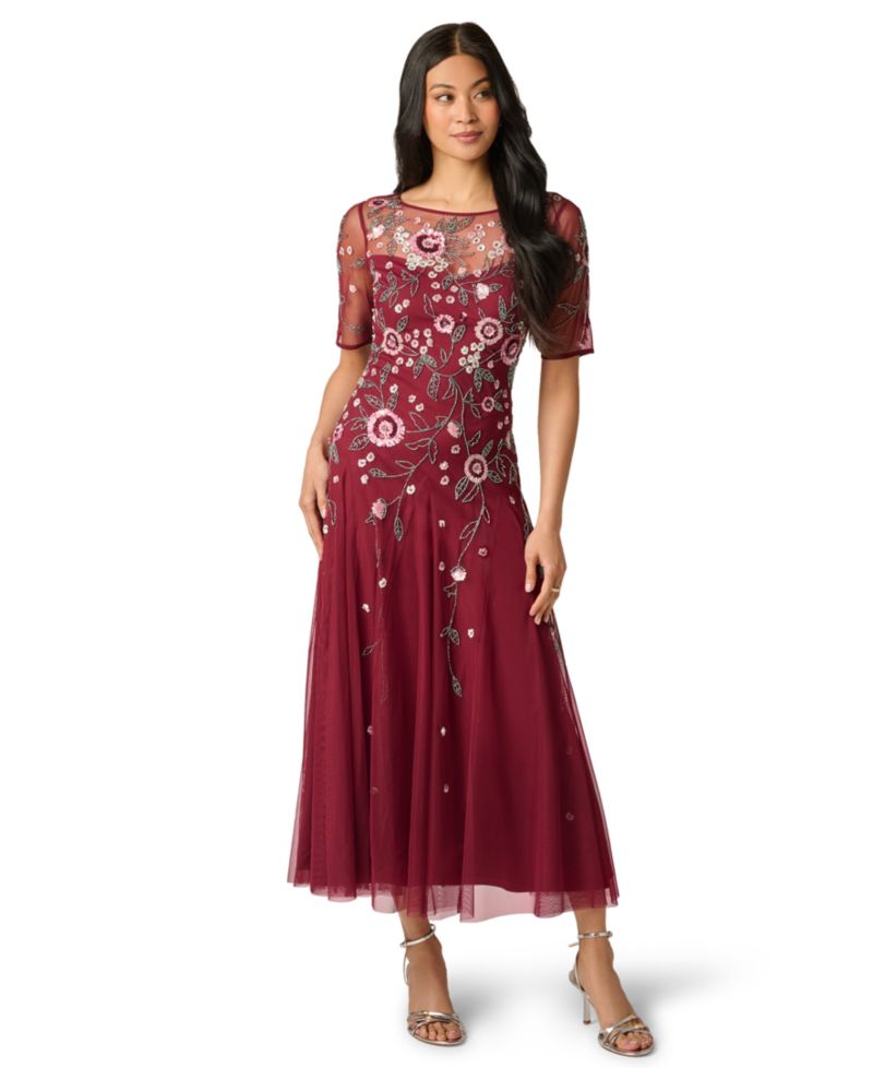 Petite Beaded Mesh Bateau Neck Ankle Dress
