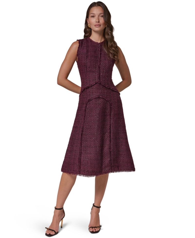 Women's Textured Tweed A-Line Crewneck Midi Dress