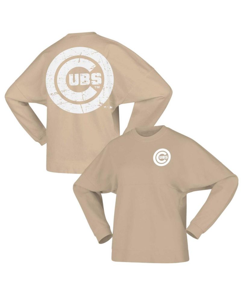 Women's Tan Distressed Chicago Cubs Branded Fleece Pullover Sweatshirt