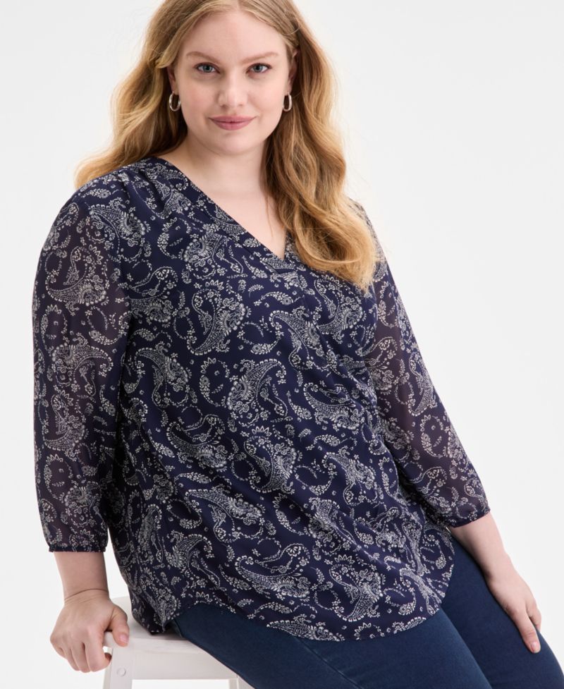 Plus Size Kelly Printed Sheer-Sleeve Pleated Blouse