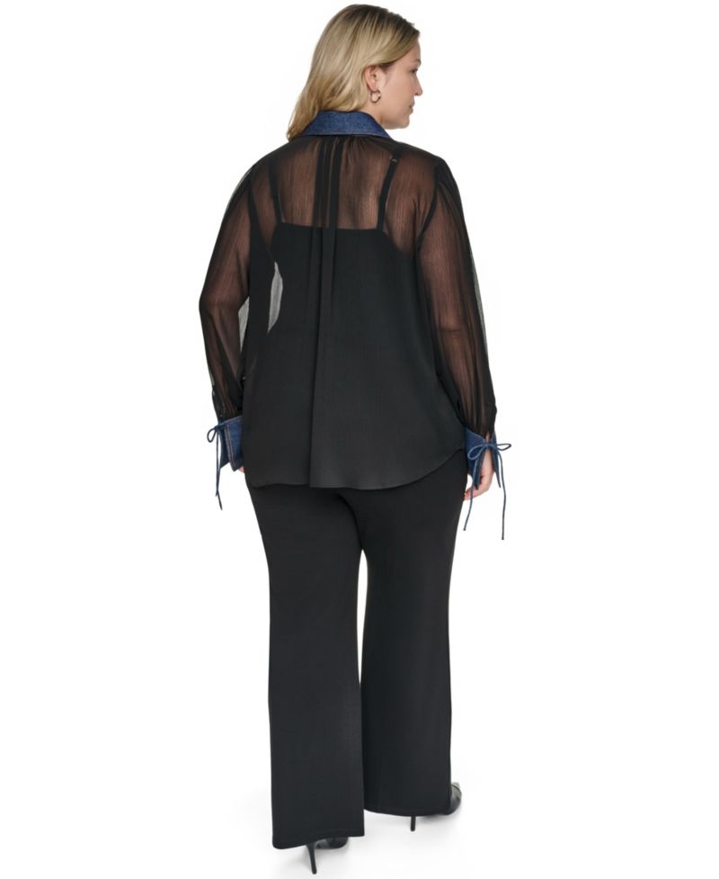 Plus Size Mixed Media Collared Button-Front Top