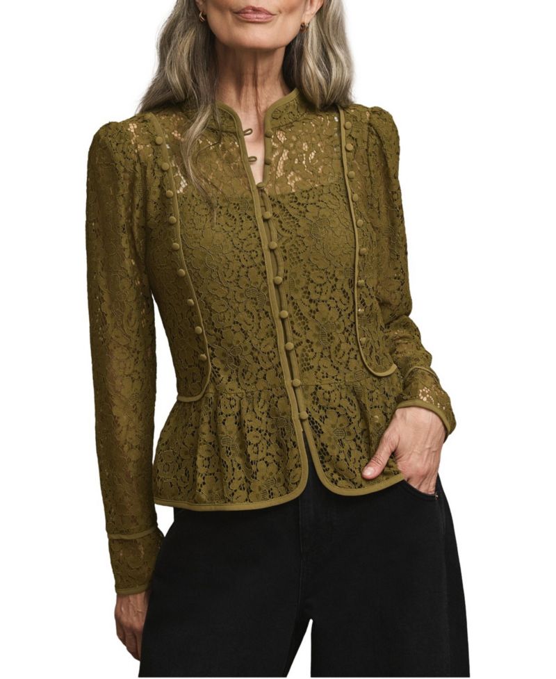 Women's High-Neck Puff-Shoulder Peplum Lace Blouse