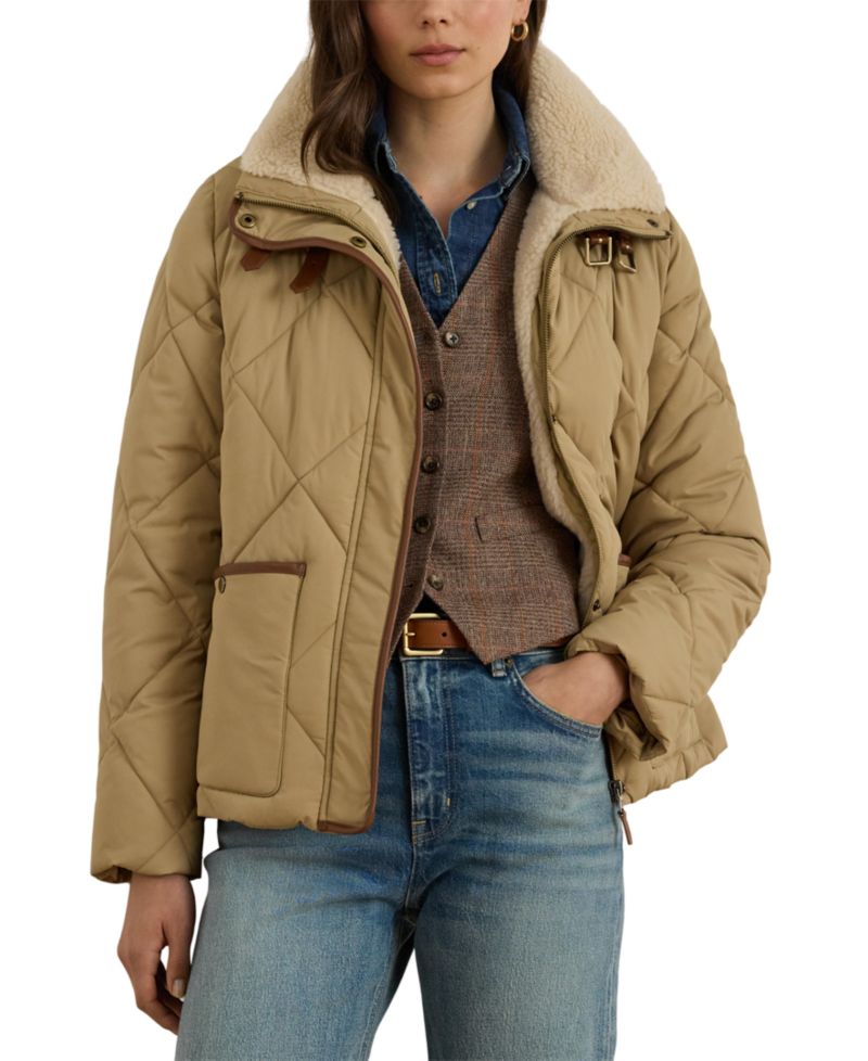 Women's Faux-Fur-Collar Diamond Quilted Jacket
