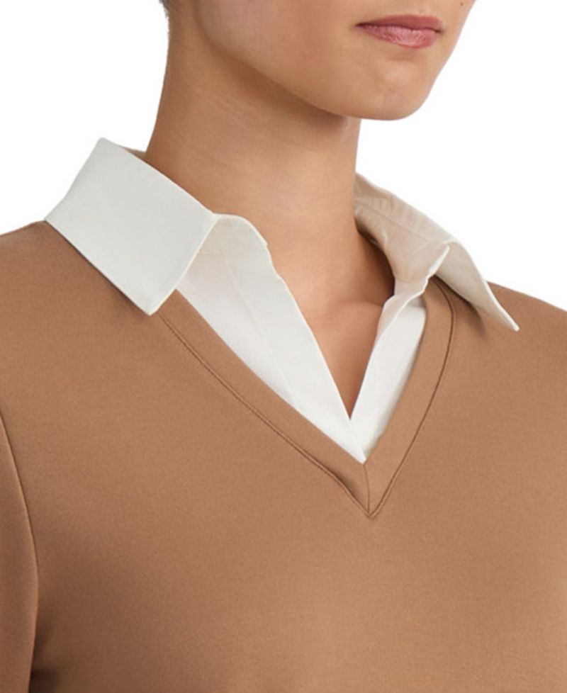 Women's Collared Long-Sleeve Poplin Combo Trim Sweater
