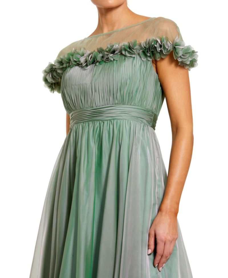 Women's Chiffon Illusion Neck Midi Dress With 3D Flowers