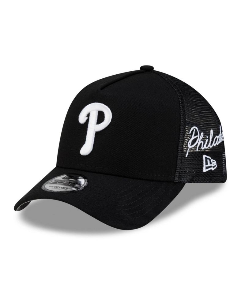 Men's Black Philadelphia Phillies Side Script 9FORTY A-Frame Trucker Adjustable Hat