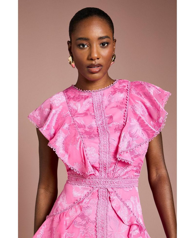 Women's Satin Ruffle Jacquard Midi Dress