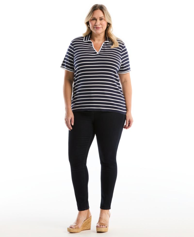 Plus Size Striped Contrast Trim Johnny Collar Short-Sleeve Polo Shirt