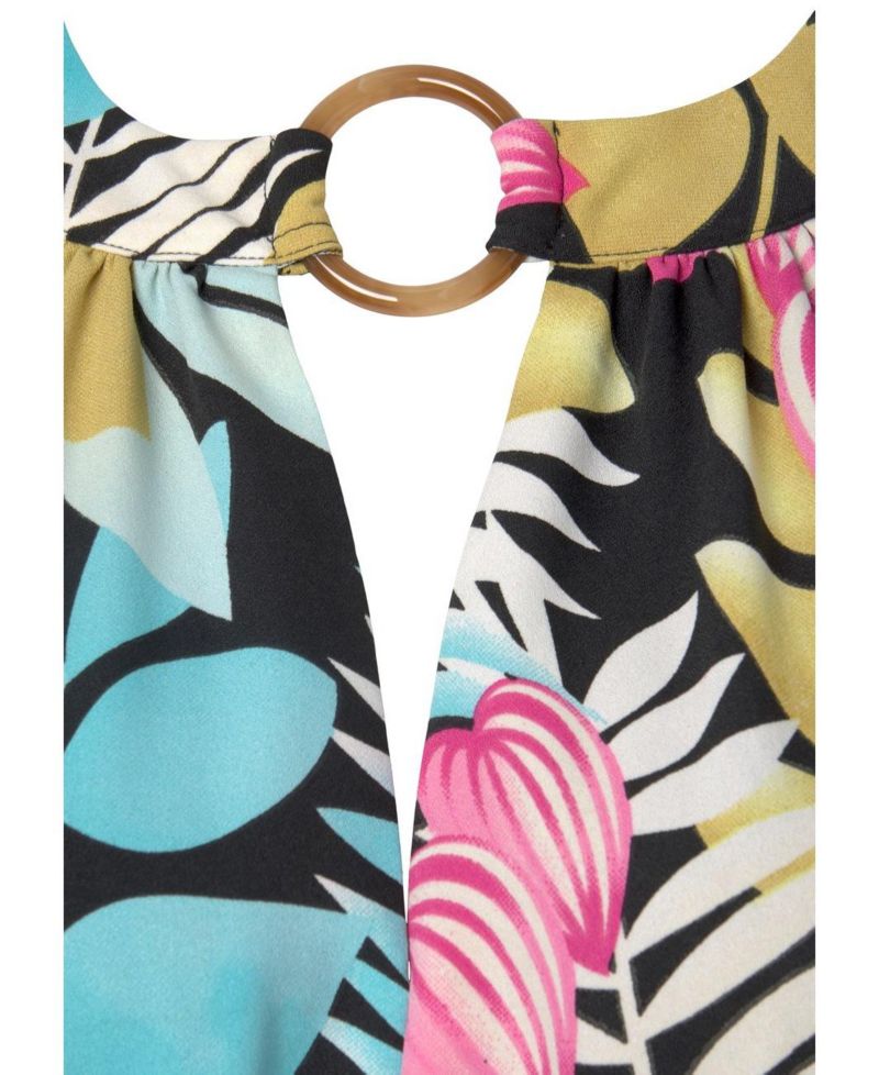 Women's Tropical Print High-Low Cutout A-Line Halter-Neck Midi Dress