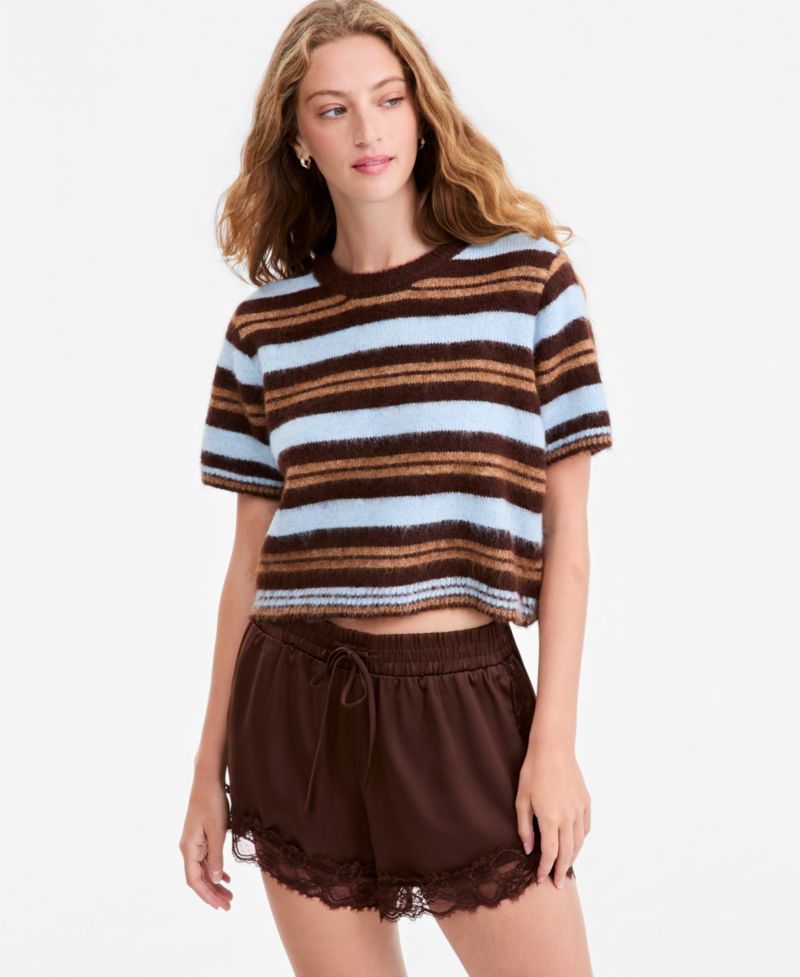 Women's Short-Sleeve Striped Brushed Crop Sweater