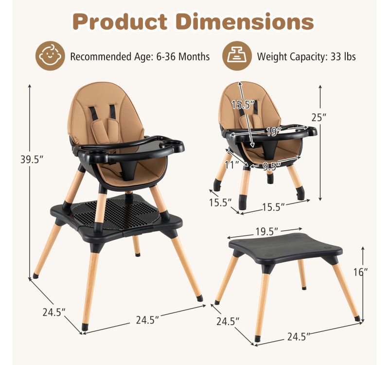 Convertible 6-in-1 High Chair for Babies and Toddlers with Adjustable Seat