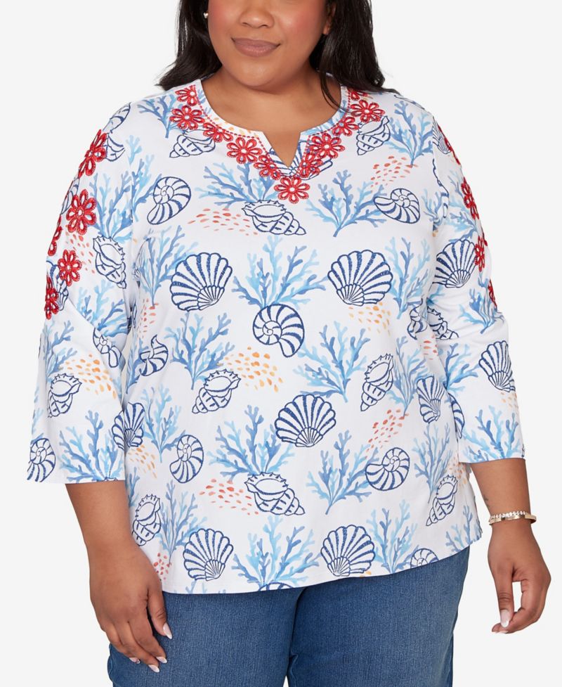 Plus Size Port Side Shell Print Embroidered Top
