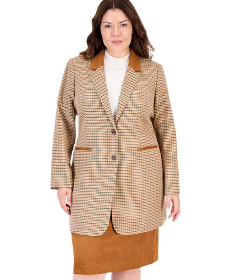 Plus Size Plaid Long-Sleeve Blazer