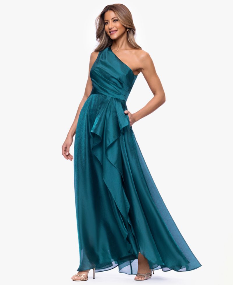 Petite Metallic Draped One-Shoulder Gown