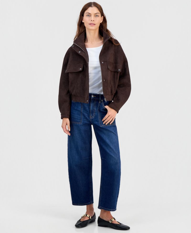 Petite Faux Suede Stand-Collar Bomber Jacket