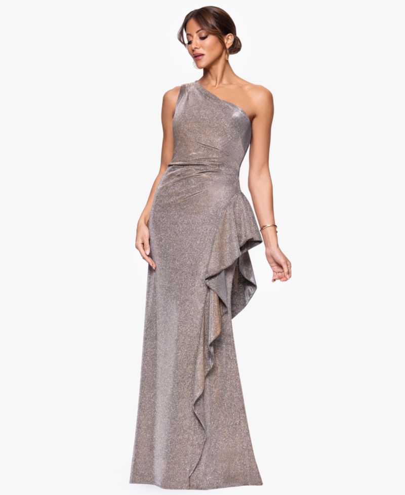 Petite Glitter Knit One-Shoulder Gown