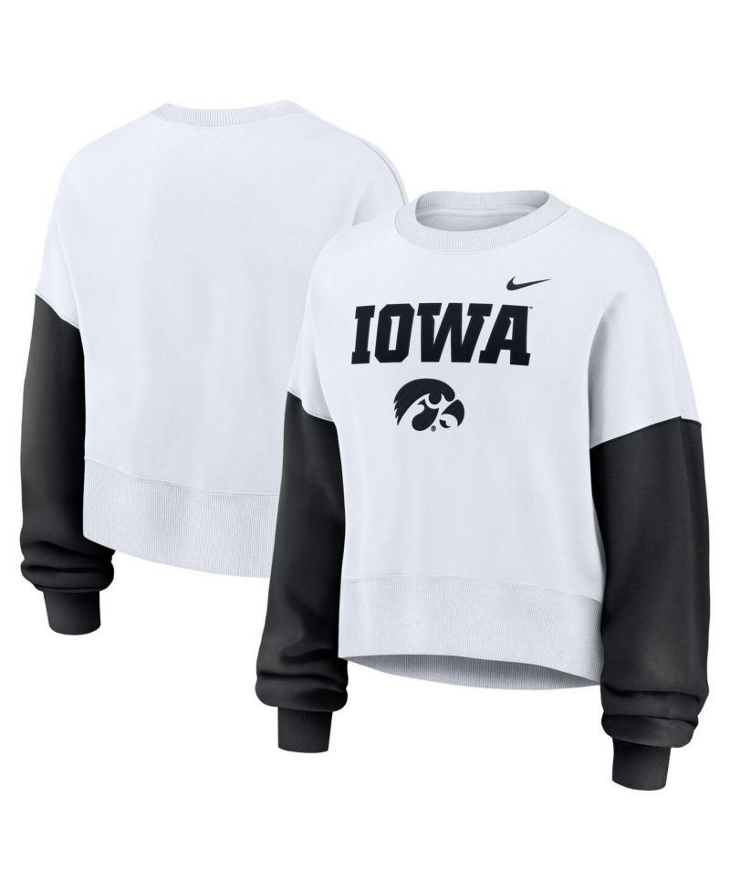 Women's White Iowa Hawkeyes Color-Block Oversized Cropped Pullover Sweatshirt