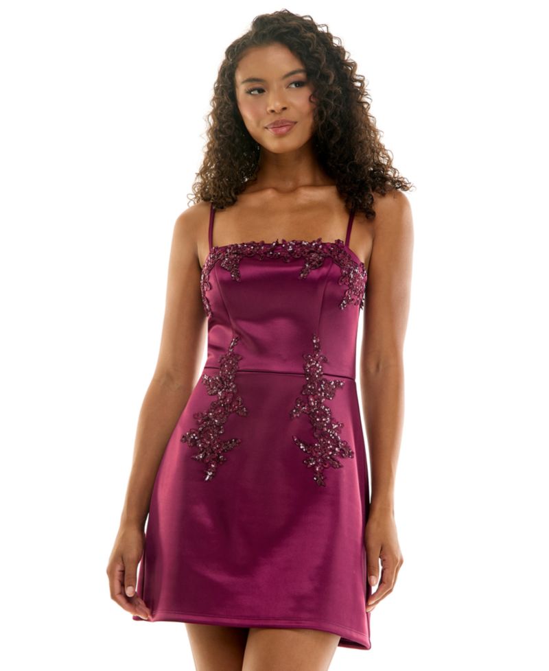 Juniors' Embroidered Sequin Applique A-Line Mini Dress
