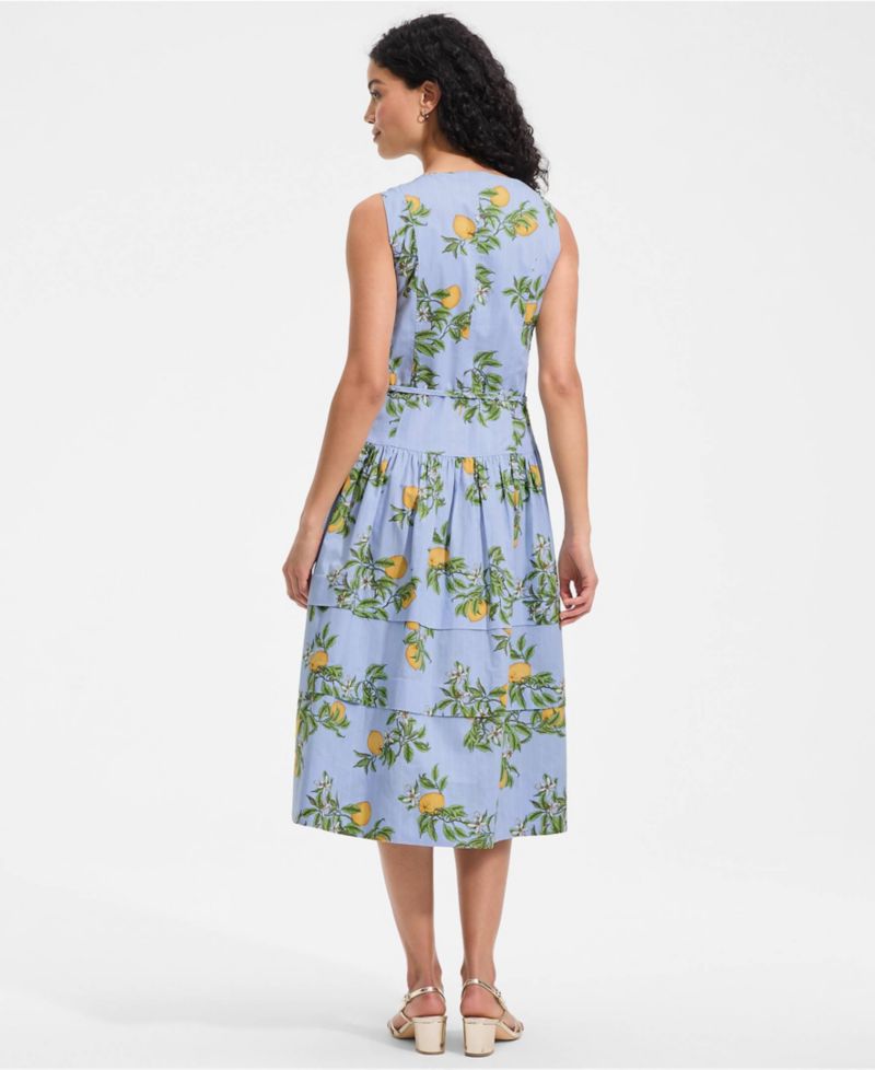 Women's Poplin Square Neck Midi Tie Waist Dress