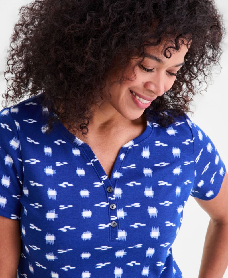 Women's Printed Short-Sleeve Henley Top, Exclusively at Macy's