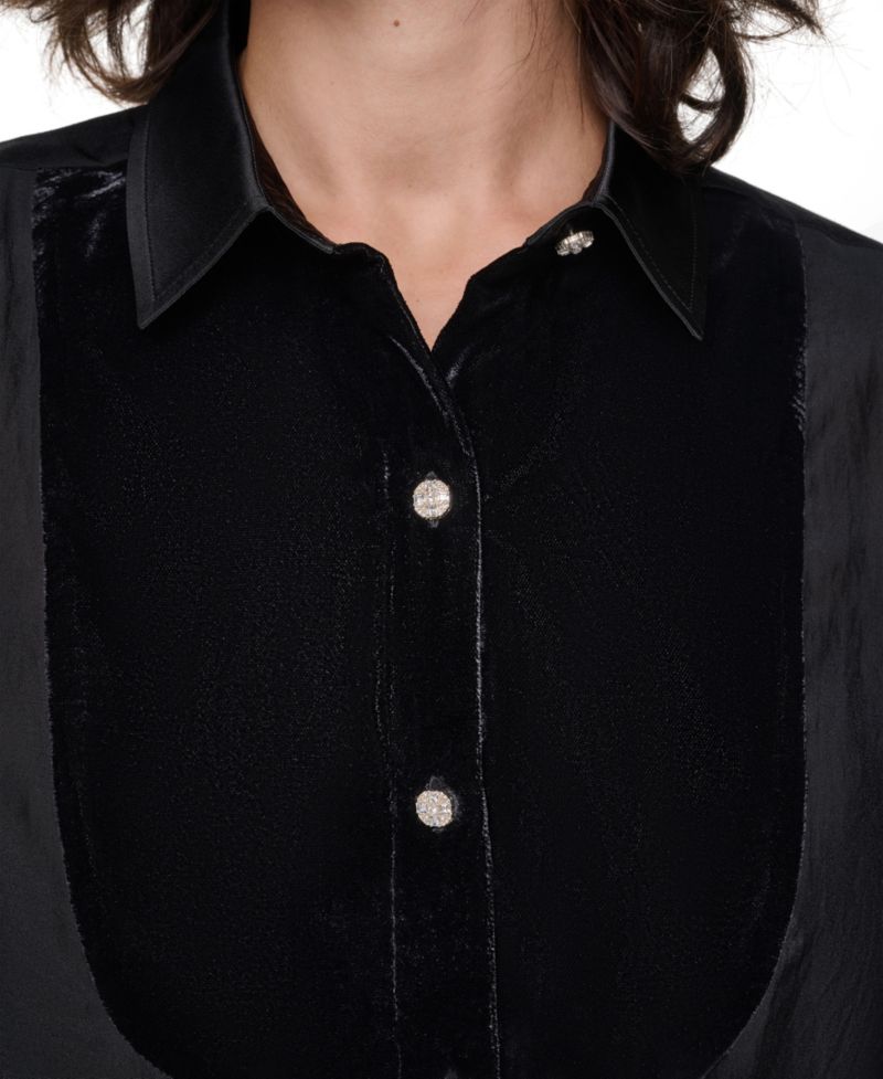 Petite Velvet Woven Long-Sleeve Point-Collar Blouse