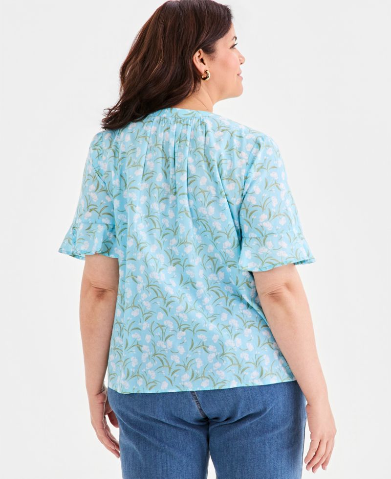 Petite Printed Cotton Split-Neck Popover Top