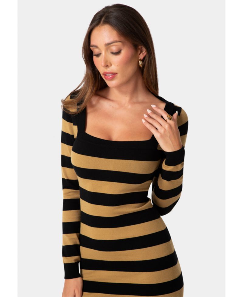 Women's Stripe Long-Sleeve Square Neck Sweater Dress