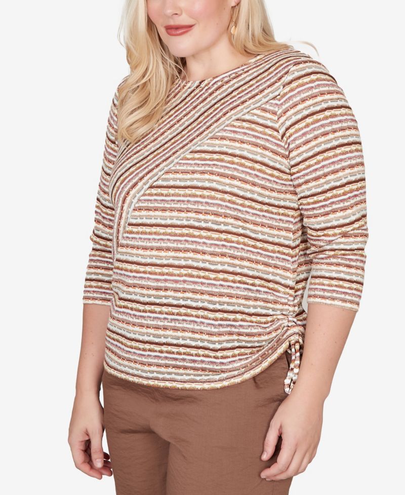 Petite Crewneck Spice Market Spliced Textured Stripe Ruched-Tie Top