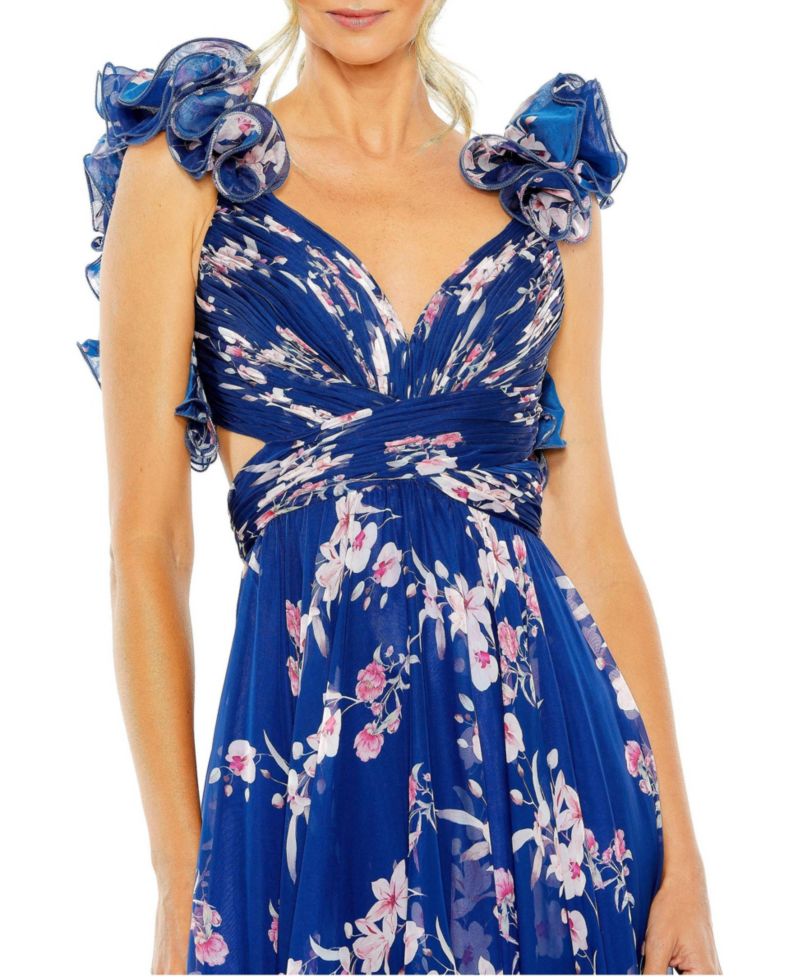 Women's Ruffle Tiered Floral Cut-Out Chiffon Gown