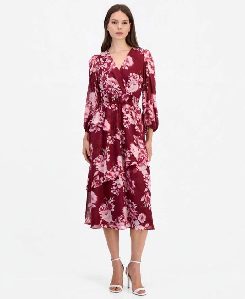Women's Floral-Print Tiered Long-Sleeve Midi Dress