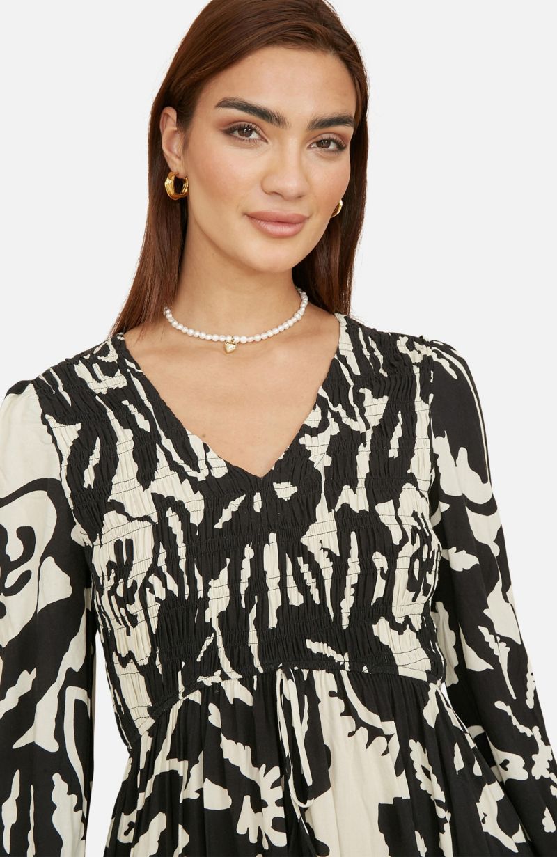 Women's Abstract Print Ruched V-Neck Midi Dress