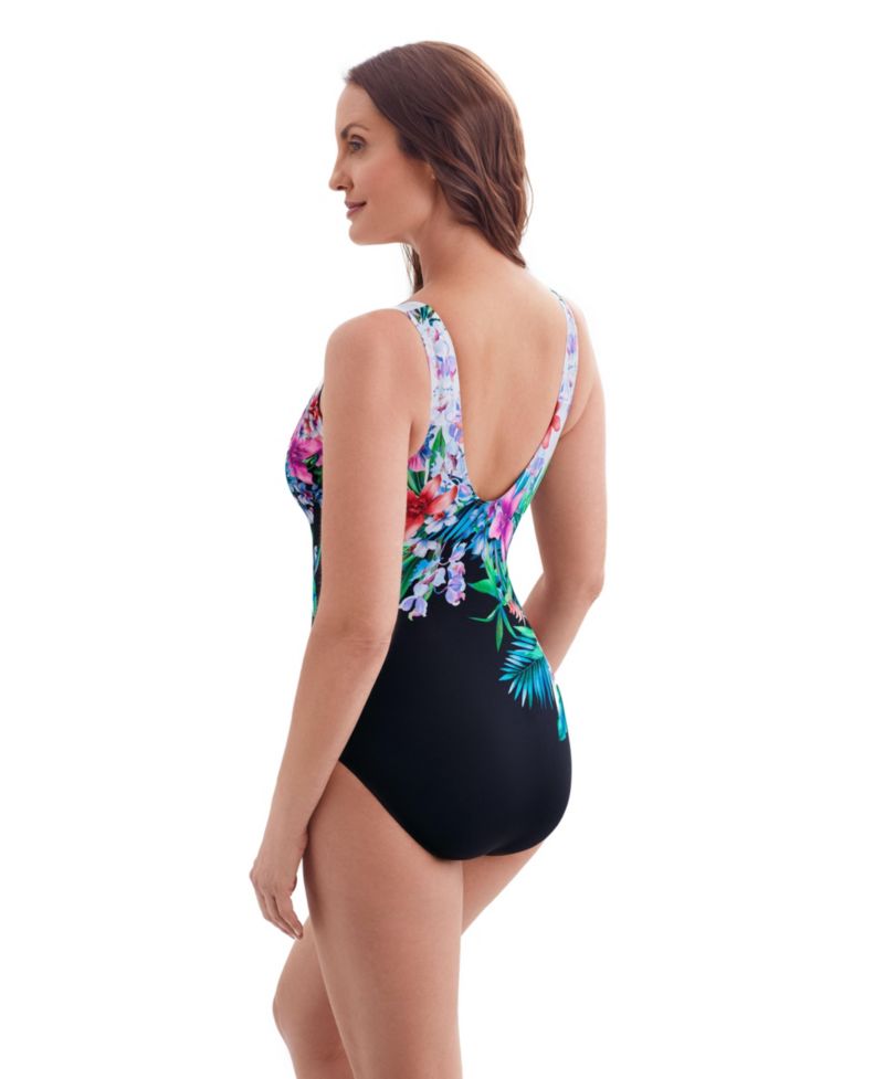 Women's Glamour Floral Panel Scoopback Highneck Long Torso One-Piece Swimsuit
