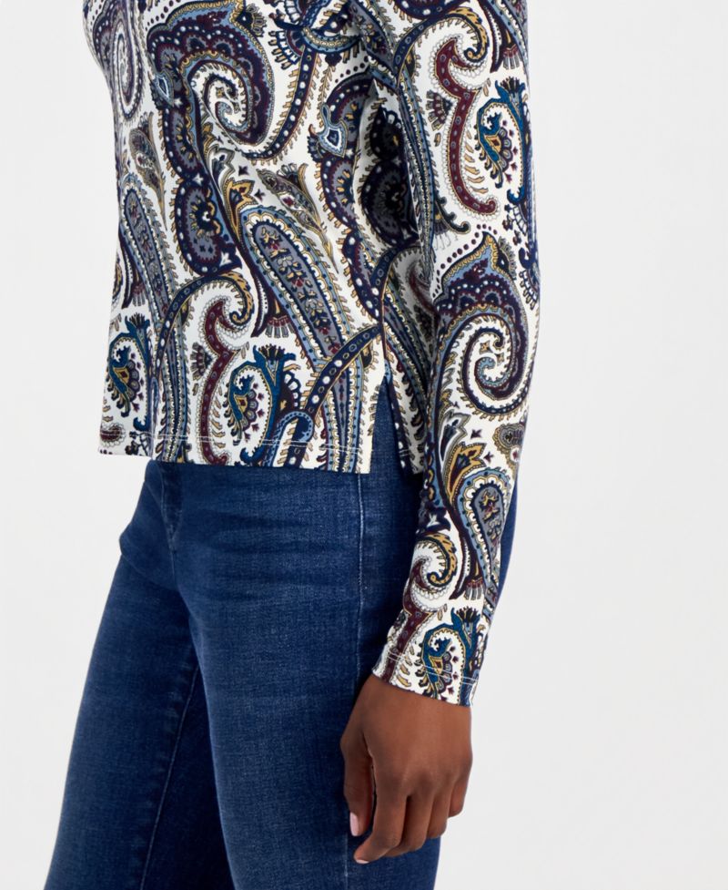 Petite Paisley Long-Sleeve Johnny Collar Top