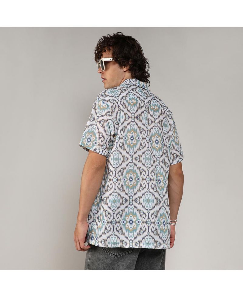 Men's Ivory White & Sage Green Ikkat Shirt
