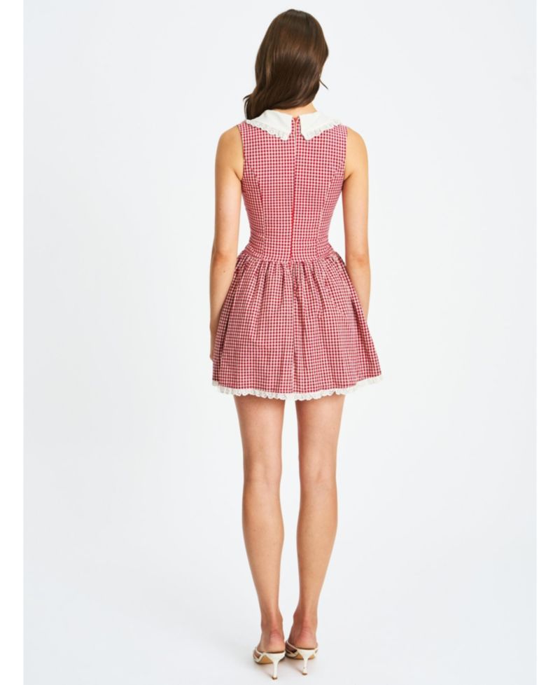 Women's Nala Red Gingham Eyelet Lace Trim Peterpan Collar Mini Dress