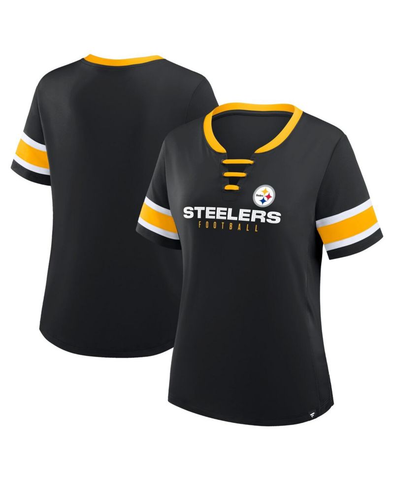 Women's Black Pittsburgh Steelers Redzone Draw Play Athena Lace-Up T-Shirt