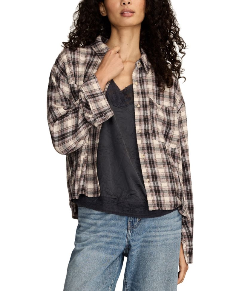 Women's Cropped Plaid Drapey Long-Sleeve Shirt