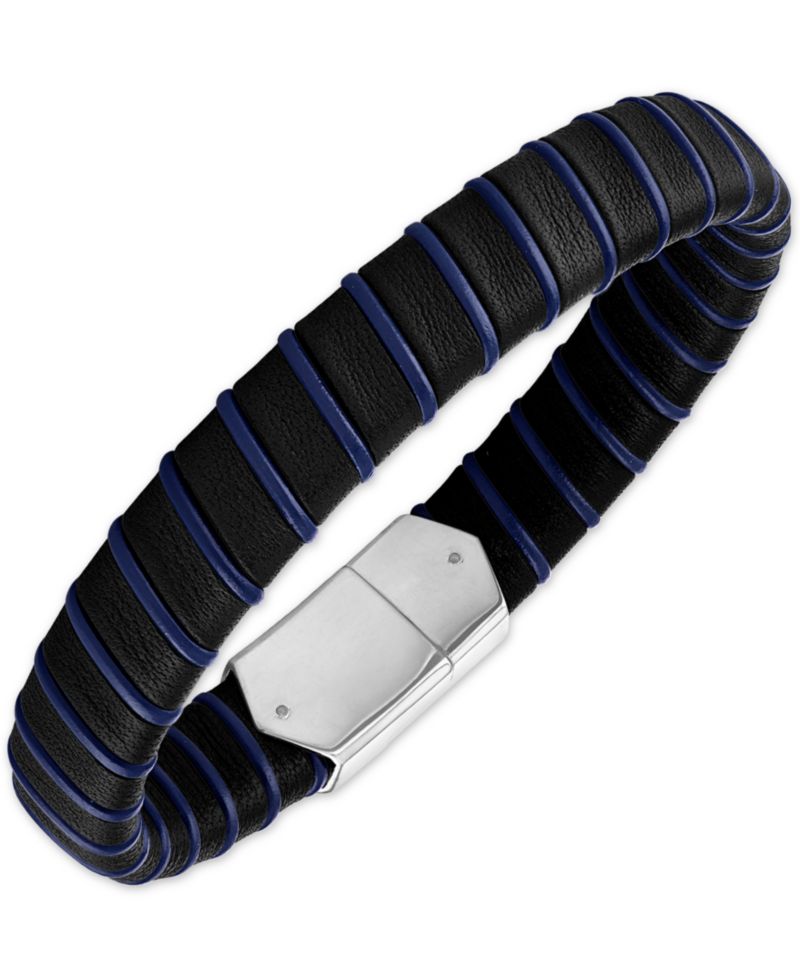 Woven Black & Blue Leather Bracelet in Sterling Silver