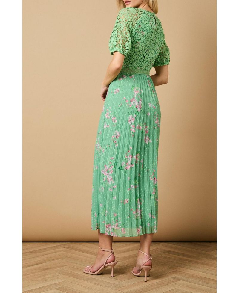 Women's Floral Lace Bodice Pleated Midi Dress