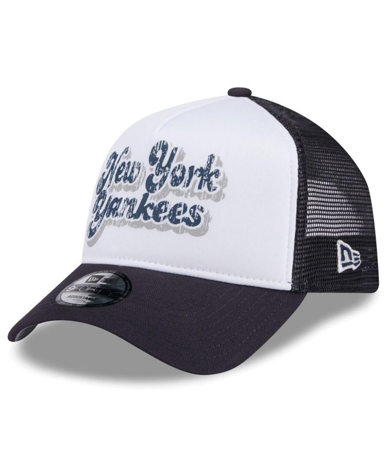 Women's White/Navy New York Yankees Throwback Team Foam Front A-Frame Trucker 9Forty Adjustable Hat