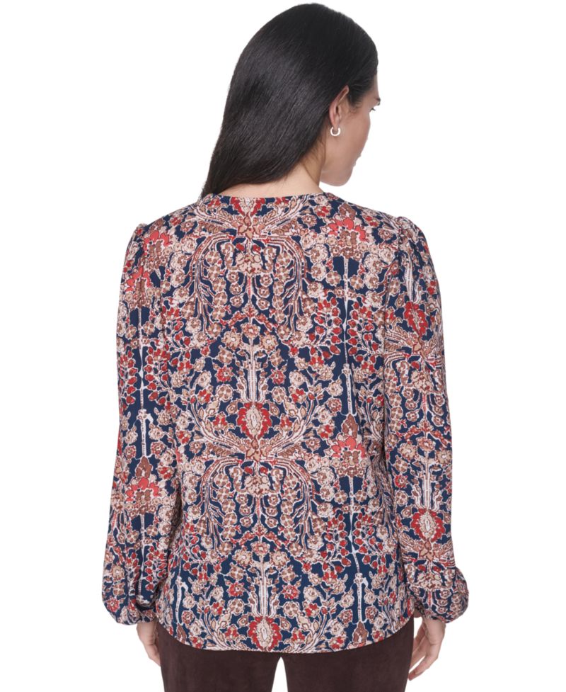 Women's Long-Sleeve Floral-Print Ruffle-Trim V-Neck Blouse